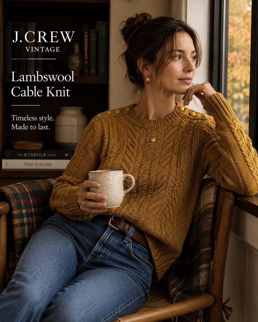 J.Crew Vintage Lambswool‎ Cable Knit Sweater Mustard Gold Button Wool XXS